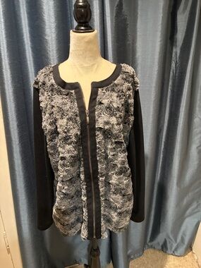 Alfred Dunner Black and Gray Textured Zip-Front Cardigan